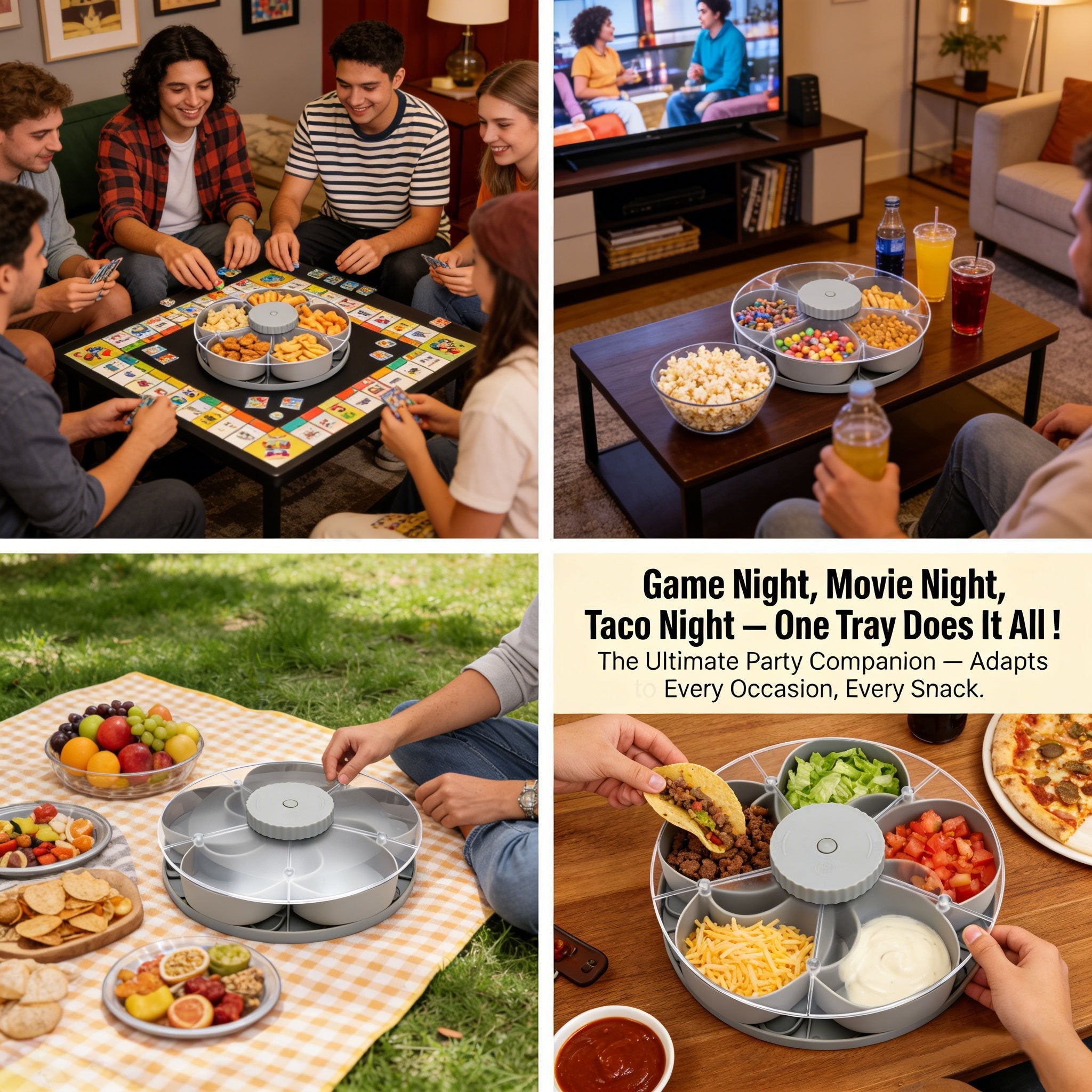 🍽️ Rotating 5-Compartment Snack Tray