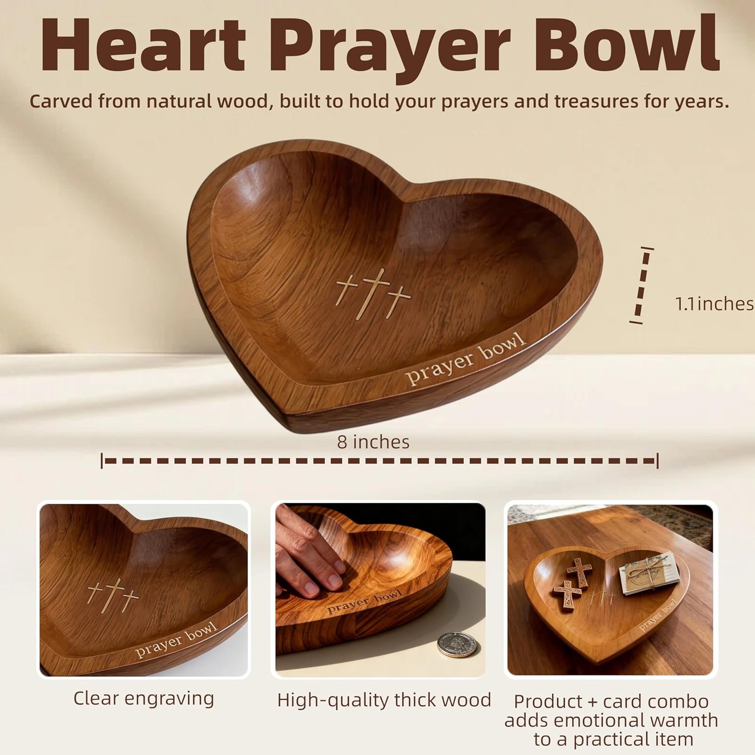 ✝️Inspirational❤ Wooden Heart Shaped Prayer Bowl Set – Handcrafted Religious Gift