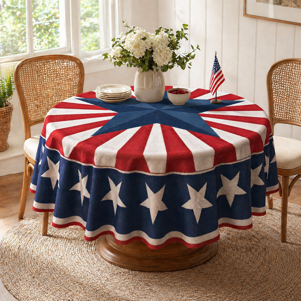 Patriotic Starburst Round Tablecloth 🇺🇸 July 4th Independence Day Decor & Outdoor Picnic Cover ✨