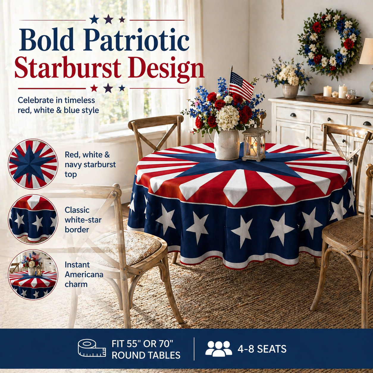 Patriotic Starburst Round Tablecloth 🇺🇸 July 4th Independence Day Decor & Outdoor Picnic Cover ✨