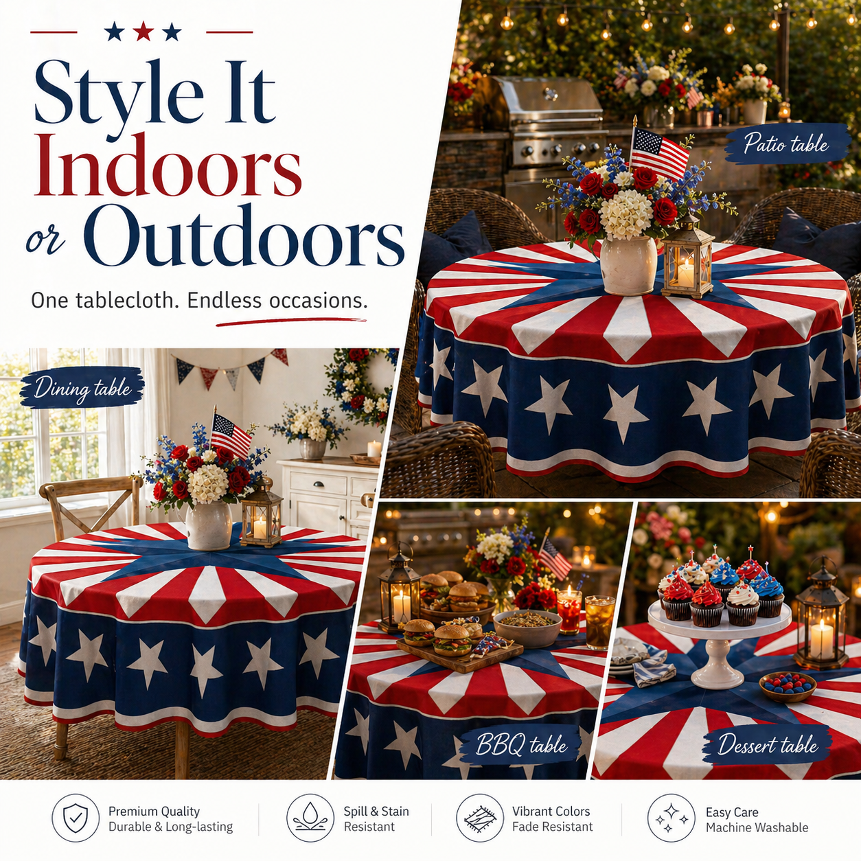 Patriotic Starburst Round Tablecloth 🇺🇸 July 4th Independence Day Decor & Outdoor Picnic Cover ✨