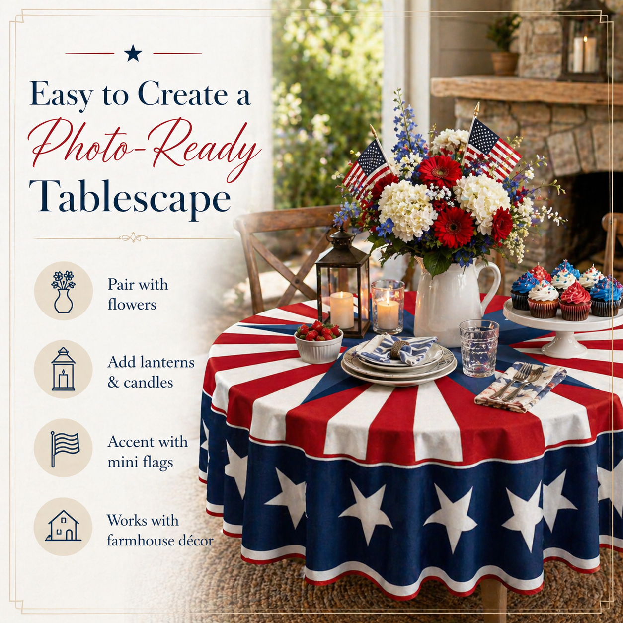 Patriotic Starburst Round Tablecloth 🇺🇸 July 4th Independence Day Decor & Outdoor Picnic Cover ✨