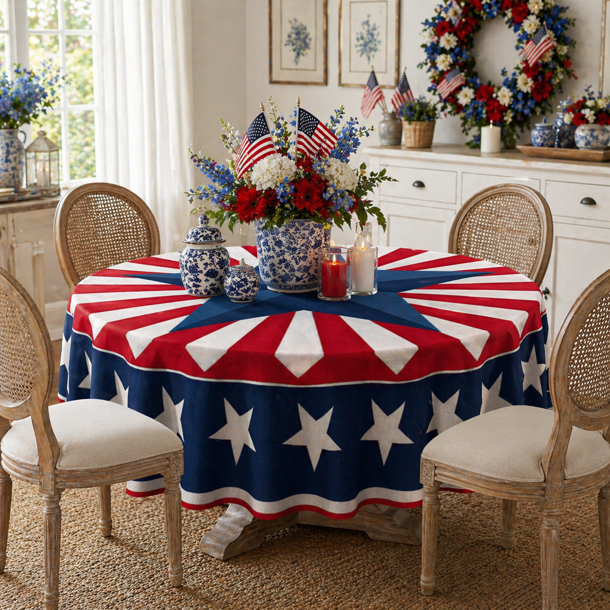 Patriotic Starburst Round Tablecloth 🇺🇸 July 4th Independence Day Decor & Outdoor Picnic Cover ✨
