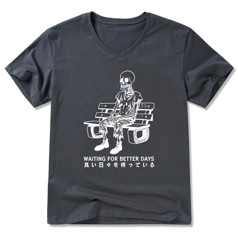Waiting For Better Days Skeleton On Bench T Shirt Men Women Graphic Tee