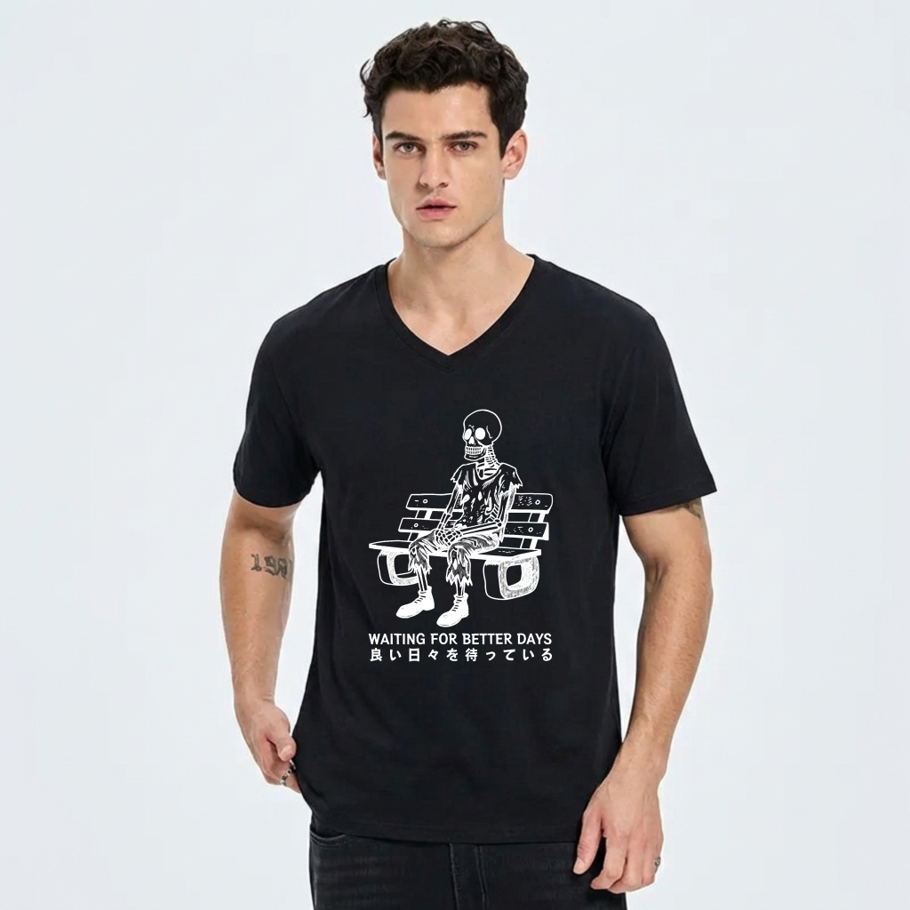Waiting For Better Days Skeleton On Bench T Shirt Men Women Graphic Tee