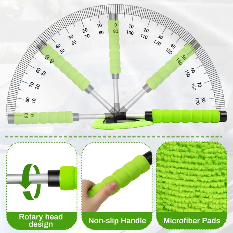 🚗🧼Windshield Cleaning Tool, Microfiber Car Window Cleaner with 4 Reusable and Washable Microfiber Pads and Extendable Handle