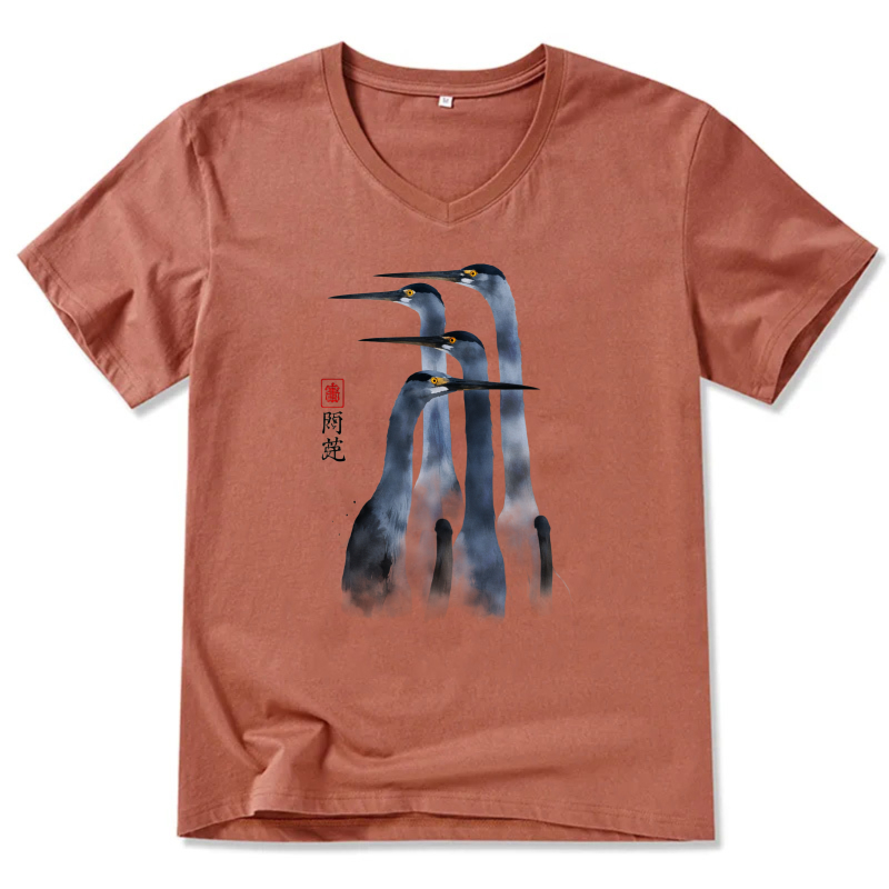 Black T Shirt With White Heron Design And Chinese Calligraphy Art Print