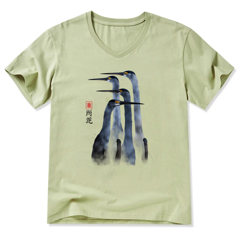 Black T Shirt With White Heron Design And Chinese Calligraphy Art Print