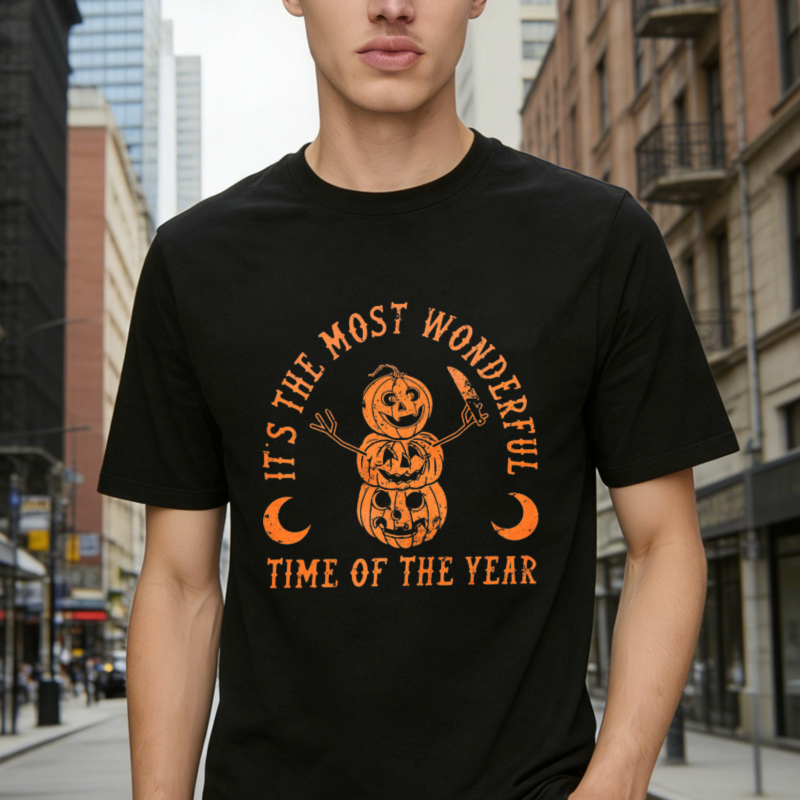 Stacked Pumpkin Jack O Lantern With Knife And Text Its The Most Wonderful Time Of The Year Halloween Graphic T-shirt