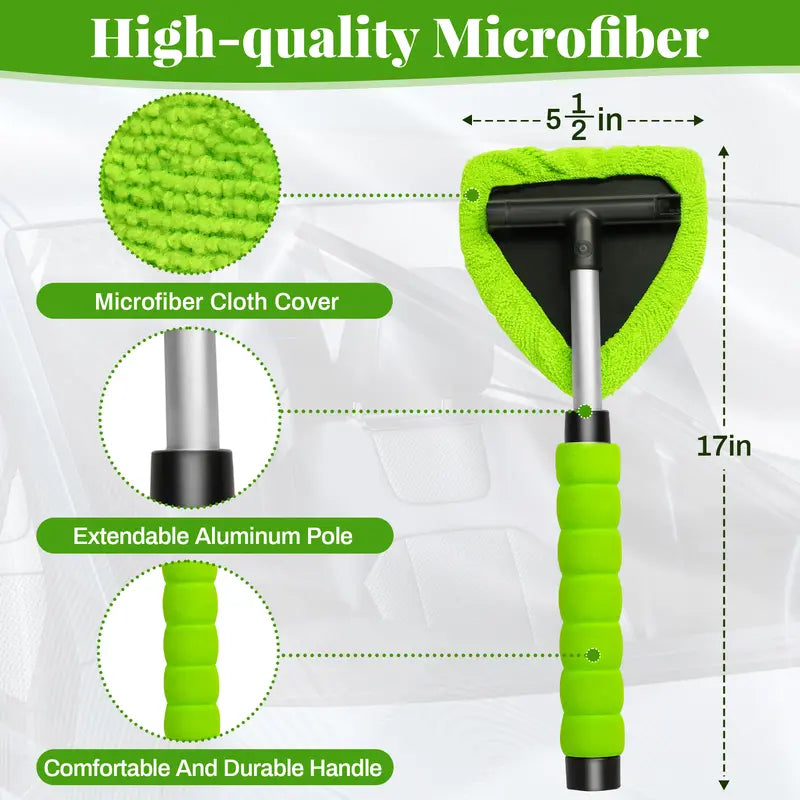 🚗🧼Windshield Cleaning Tool, Microfiber Car Window Cleaner with 4 Reusable and Washable Microfiber Pads and Extendable Handle