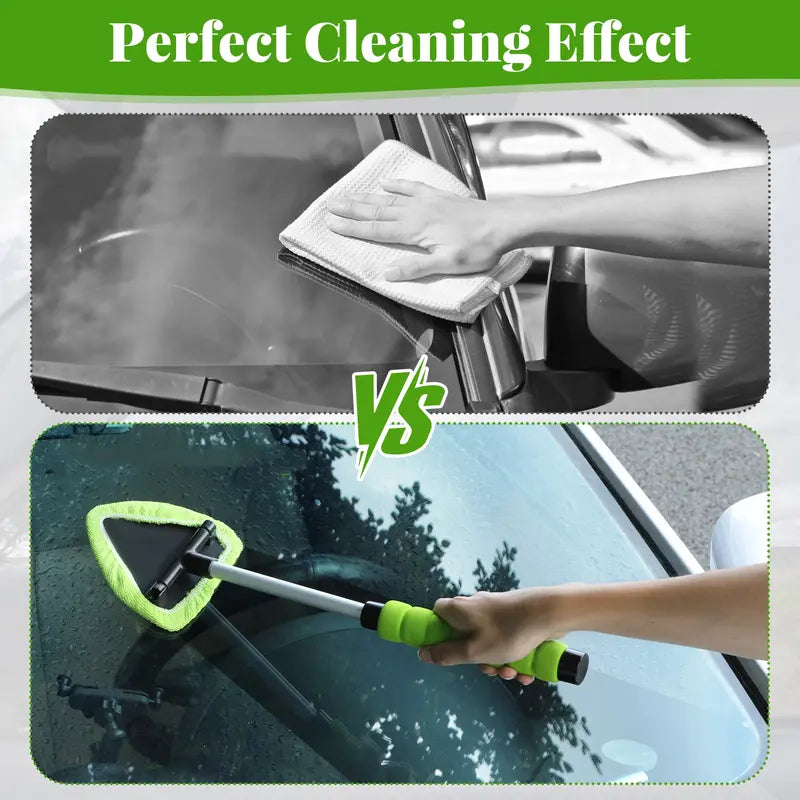 🚗🧼Windshield Cleaning Tool, Microfiber Car Window Cleaner with 4 Reusable and Washable Microfiber Pads and Extendable Handle