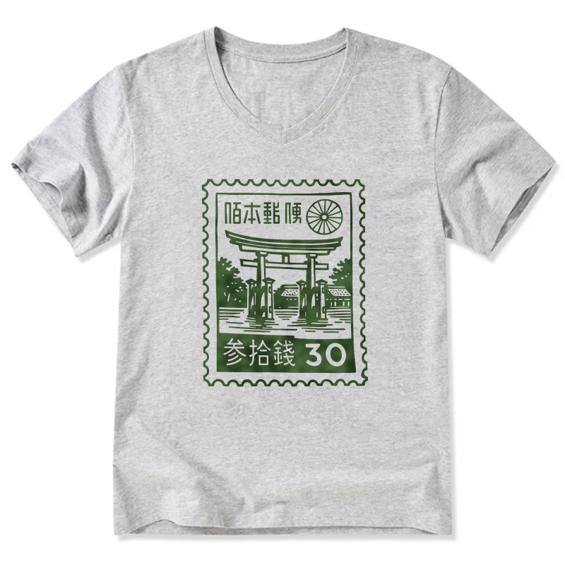 Japan Post Stamp Design T-Shirt With Torii Gate And 30 Sen Text Black Shirt