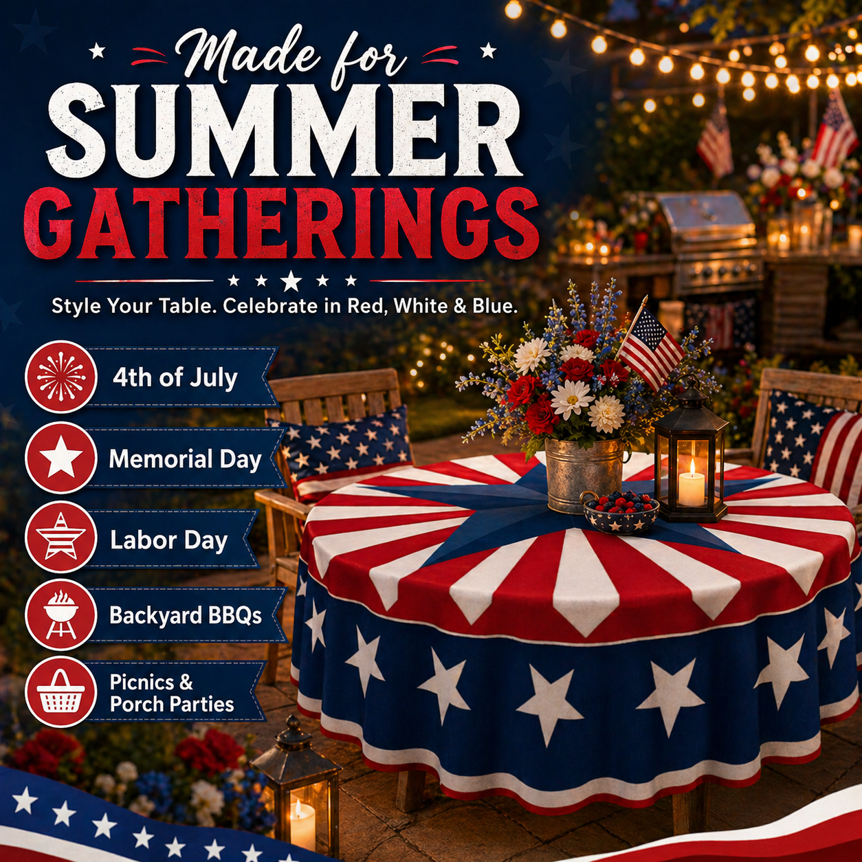 Patriotic Starburst Round Tablecloth 🇺🇸 July 4th Independence Day Decor & Outdoor Picnic Cover ✨