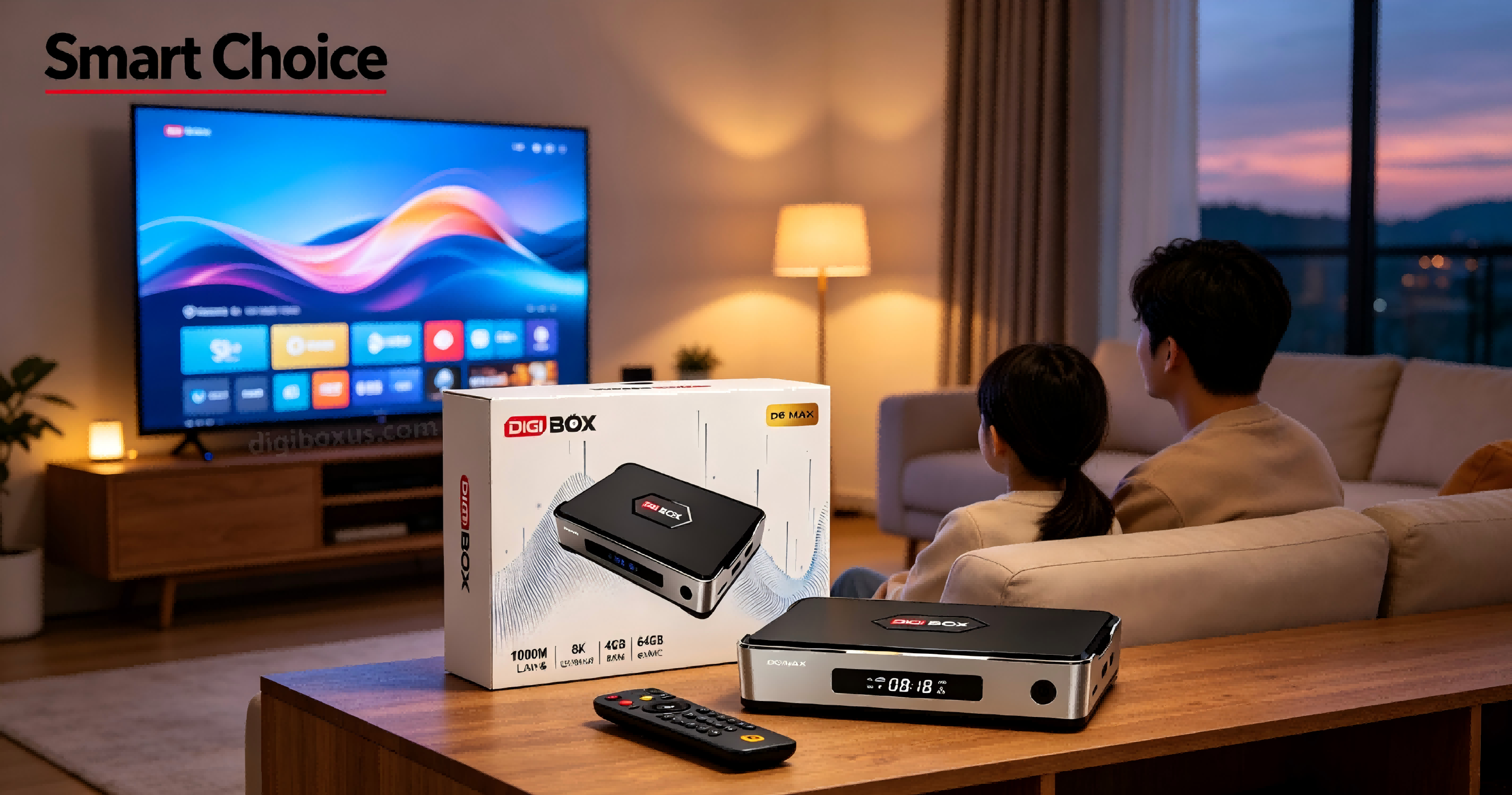 DigiBox D6 MAX Android TV box with remote on table, couple watching 4K streaming on smart TV.