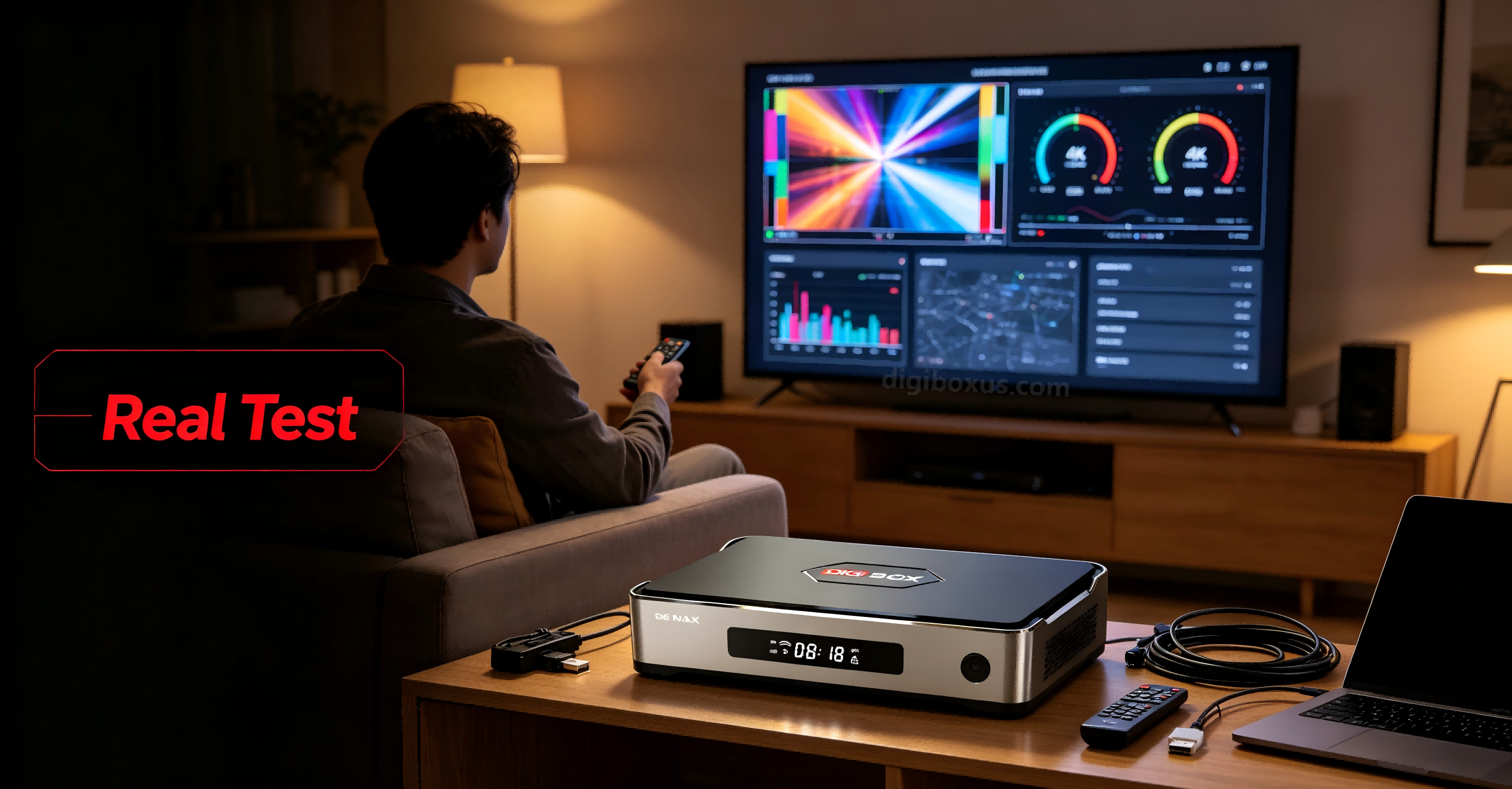 DigiBox D6 MAX TV box on a table with a 4K TV in the background.