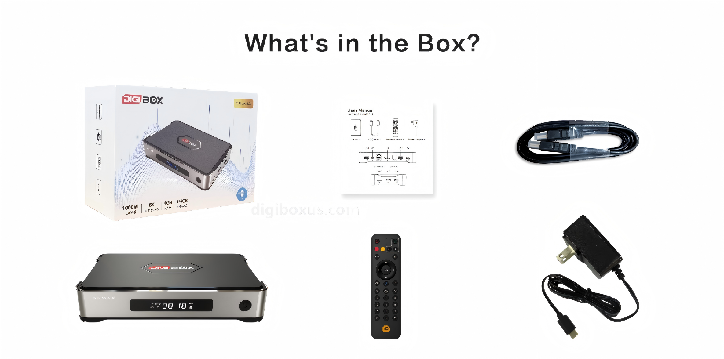 DIGIBOX D6 MAX package contents: TV streaming box, voice remote, HDMI 2.1 cable, power adapter and quick start guide.