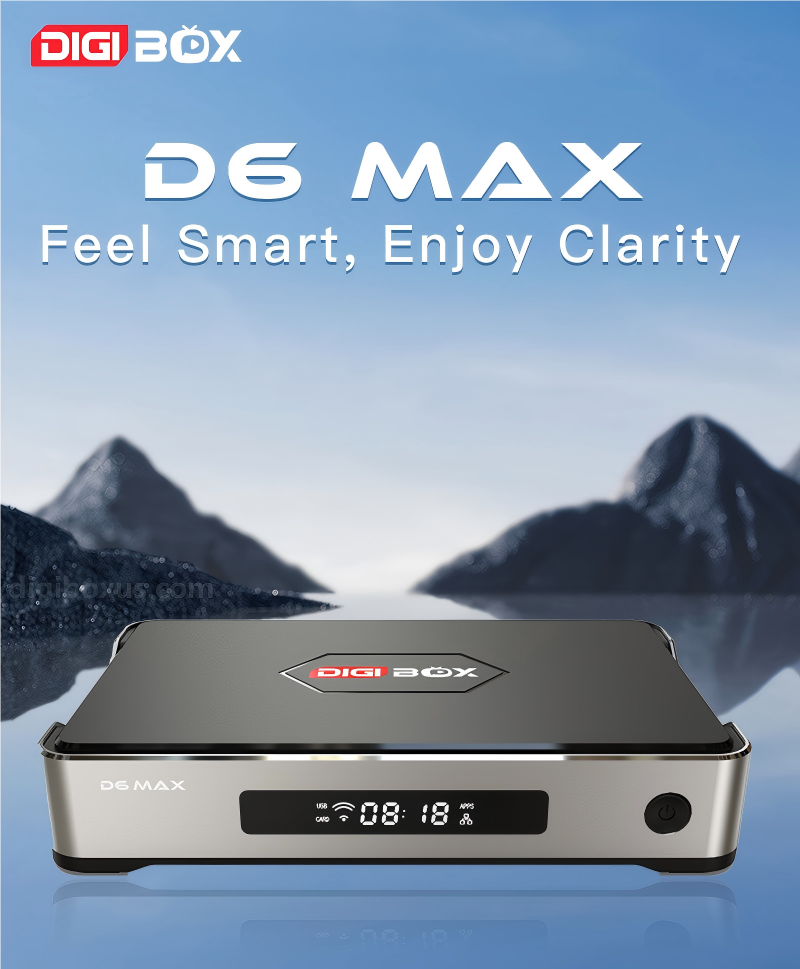 DIGIBOX D6 MAX premium design above serene mountain-water landscape. Vertical mobile layout.