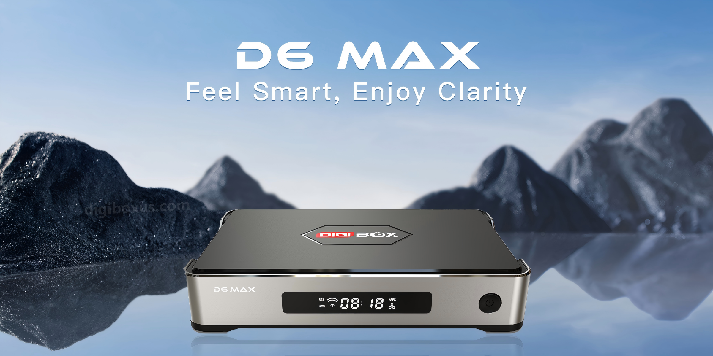 DIGIBOX D6 MAX premium design above serene mountain-water landscape. Wide desktop banner.