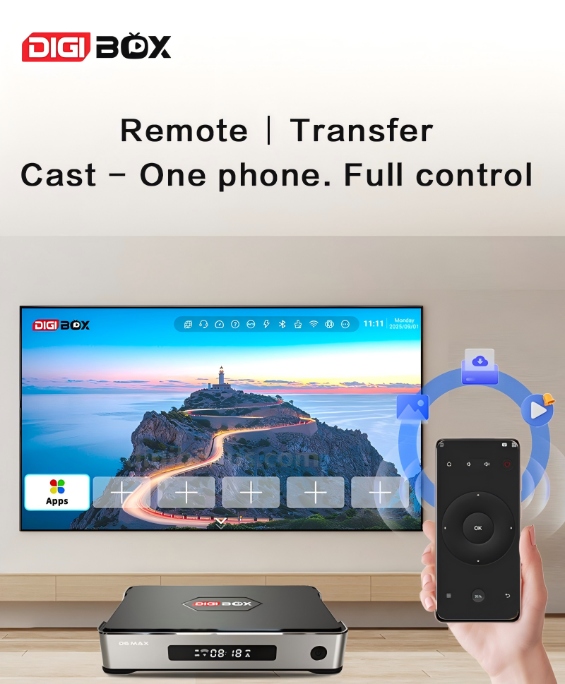 DIGIBOX D6 MAX mobile app for remote control, transfer, and screen casting. Vertical mobile layout.