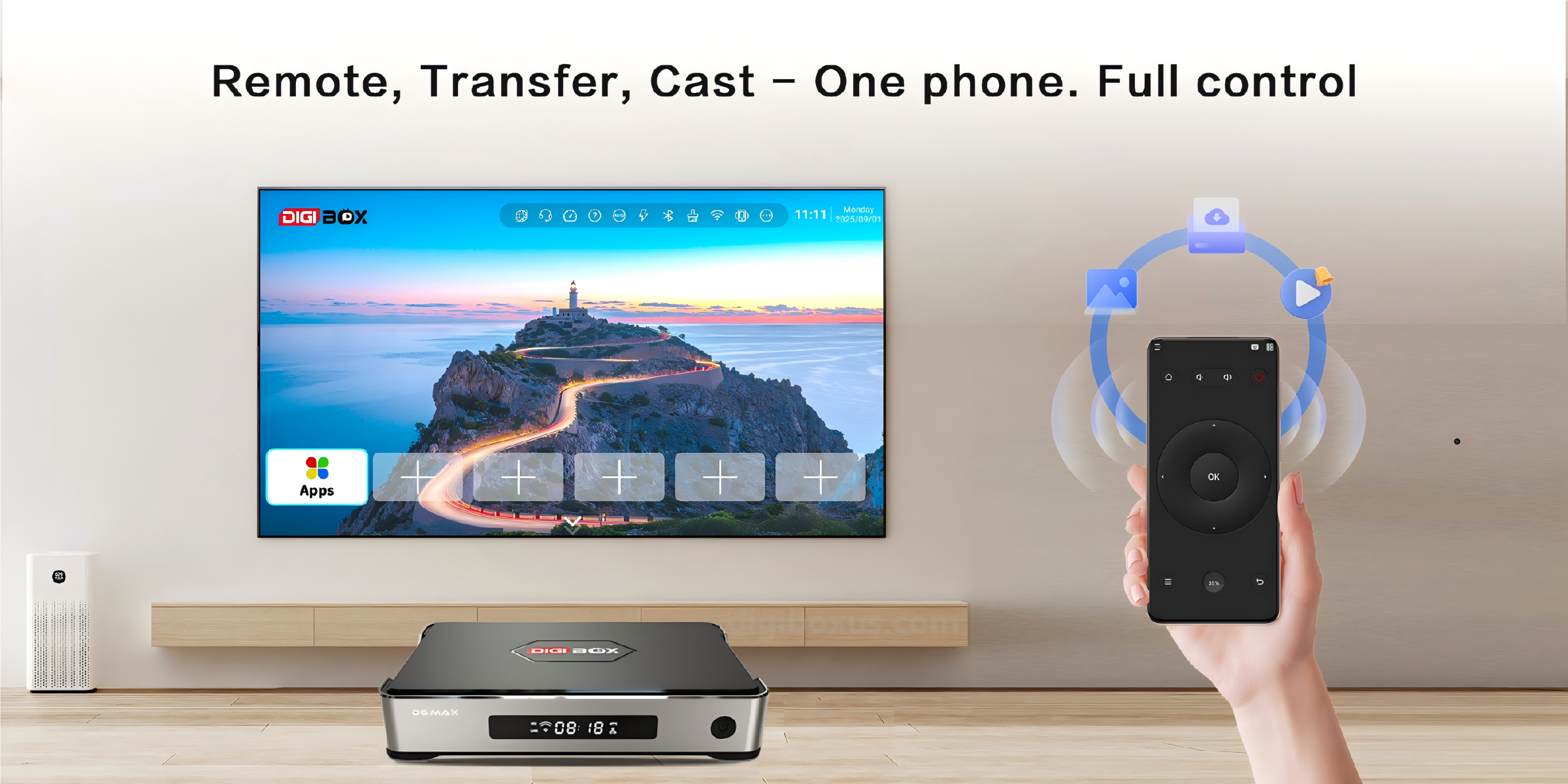 DIGIBOX D6 MAX mobile app for remote control, transfer, and screen casting. Wide desktop banner.