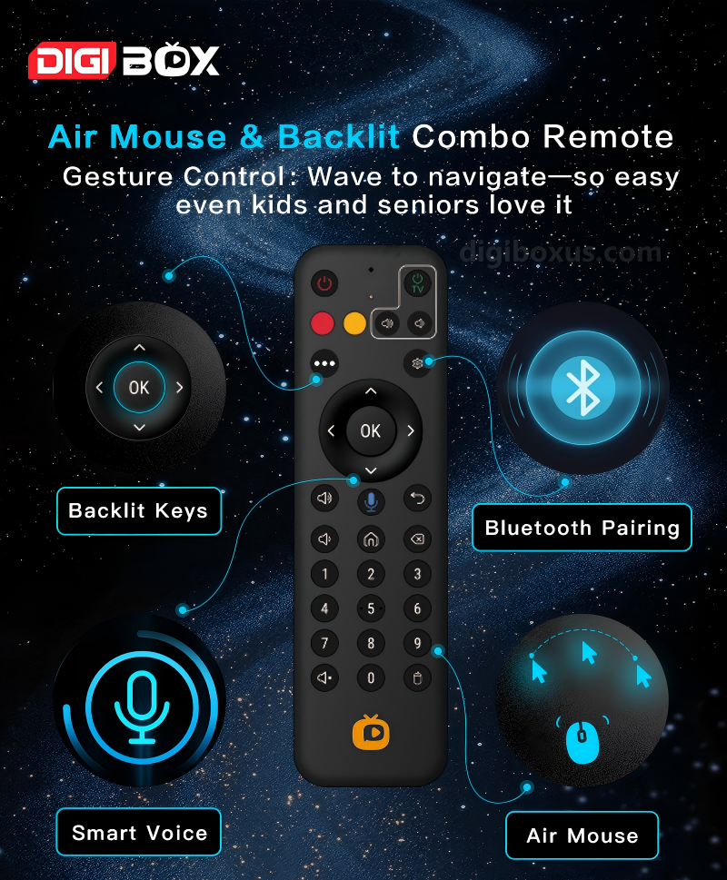 DIGIBOX D6 MAX combo remote with backlit keys, Bluetooth, voice, and air mouse. Vertical mobile layout.