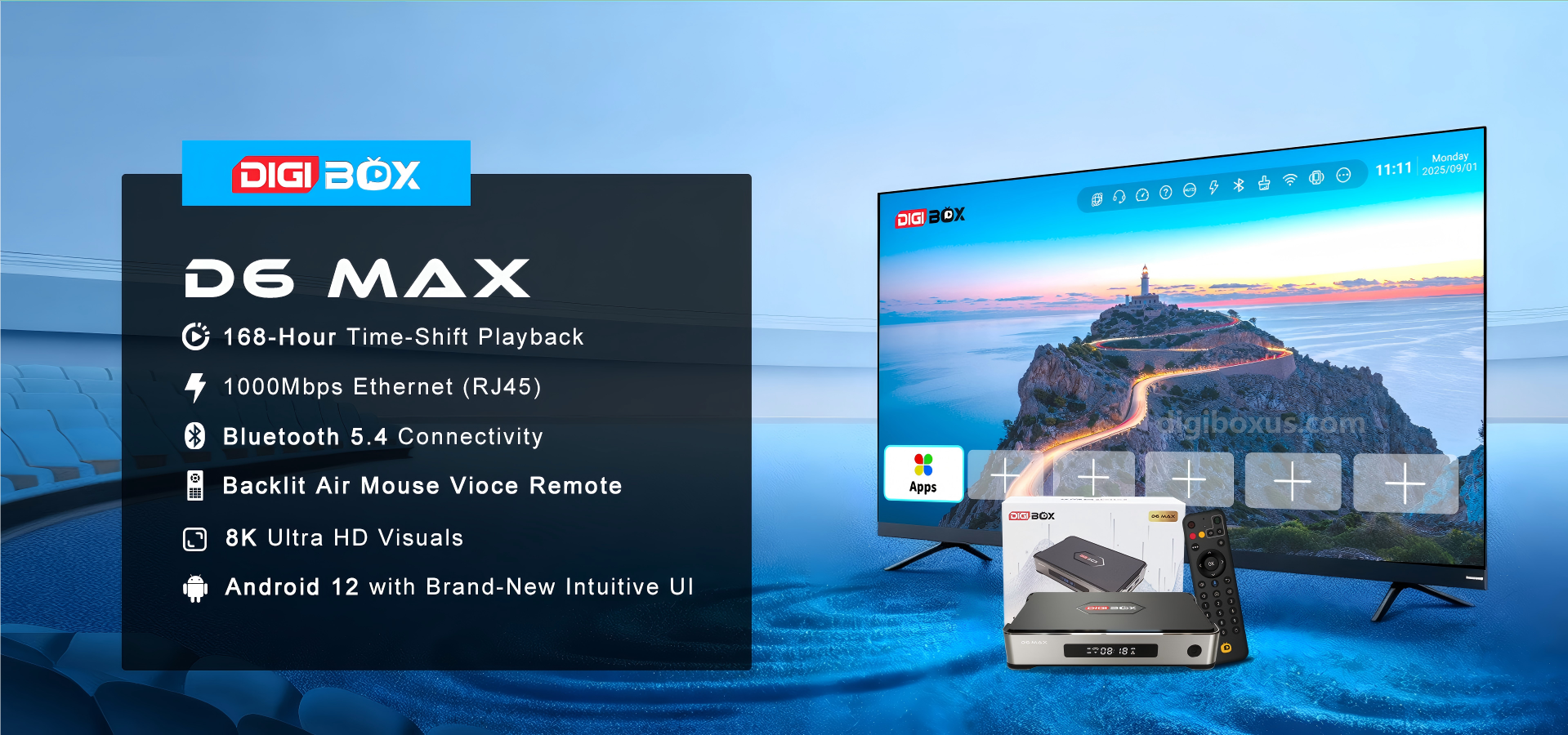 DIGIBOX D6 MAX full specs banner with 168h playback, Gigabit LAN, BT 5.4, and 8K. Wide desktop banner.