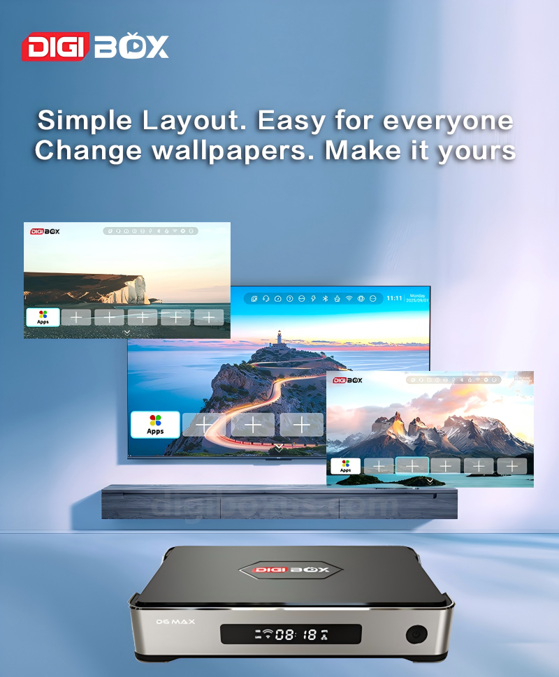 DIGIBOX D6 MAX Android 12 interface with customizable wallpapers. Vertical mobile layout.