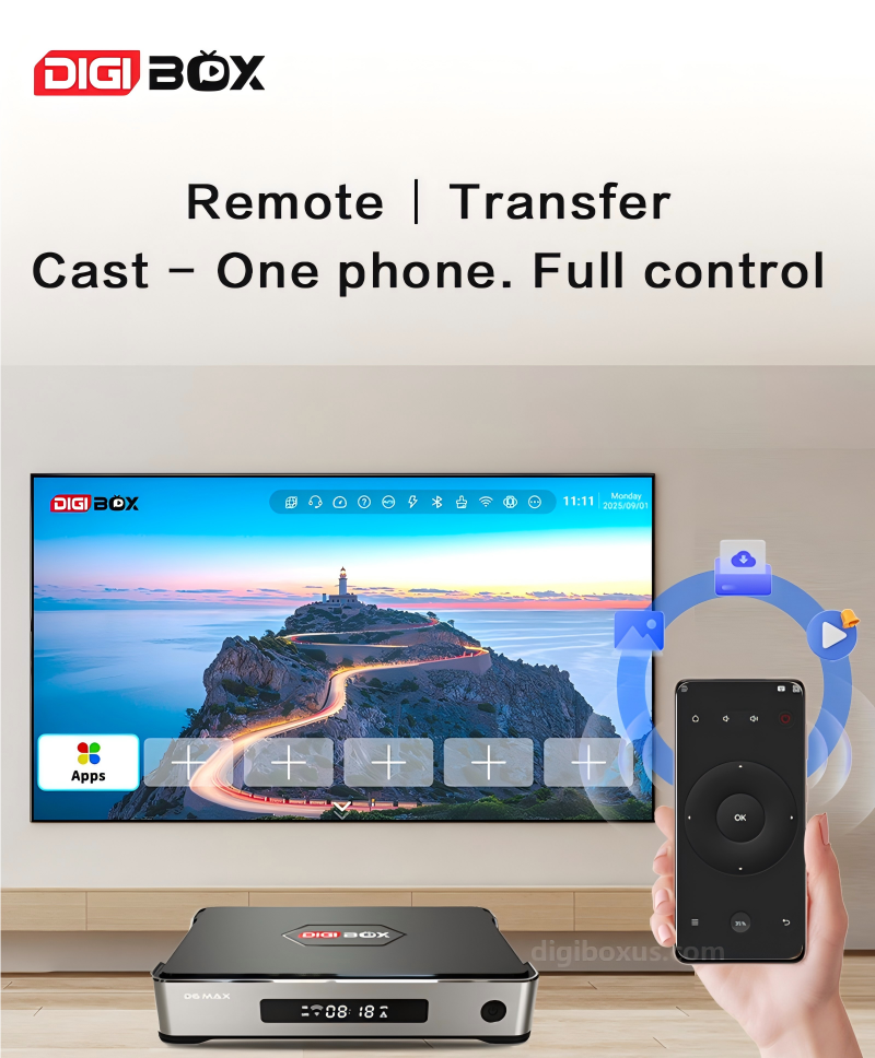 DIGIBOX D6 MAX mobile app for remote control, transfer, and screen casting.