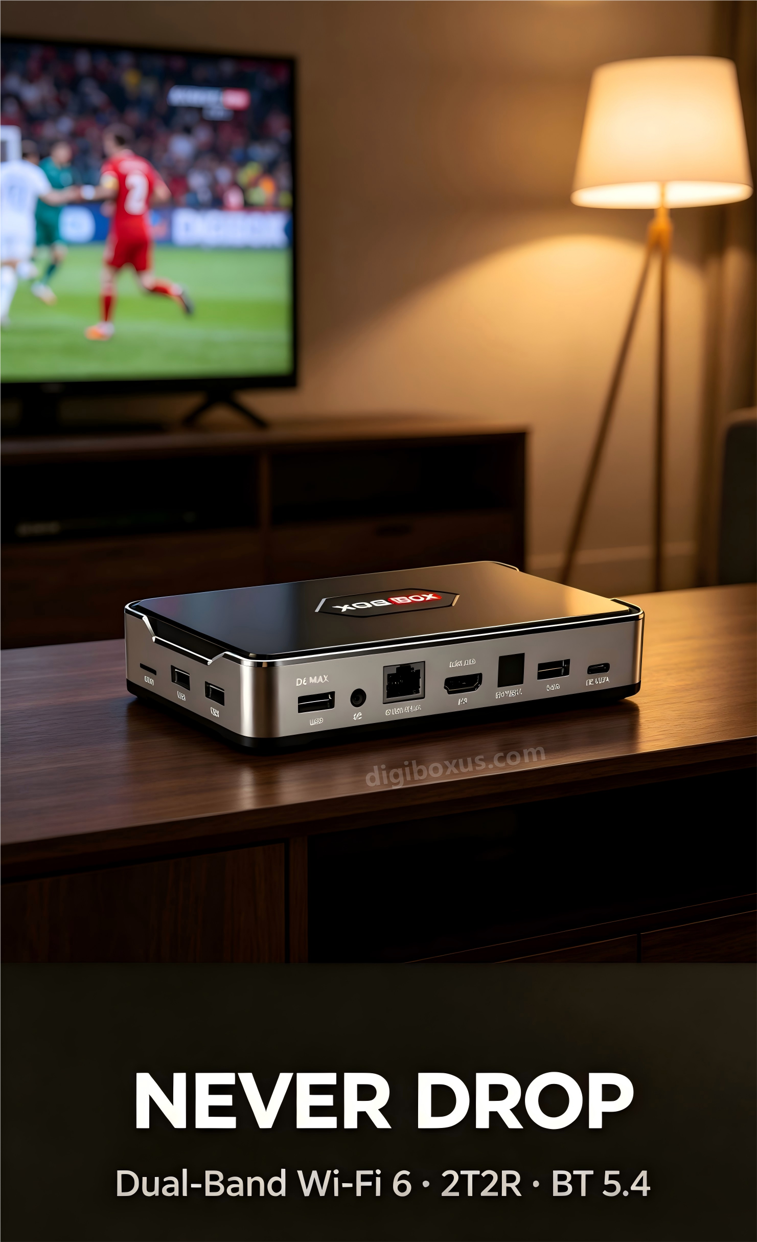 DIGIBOX D6 MAX dual-band Wi-Fi 6 streaming box with full connectivity ports. mob.