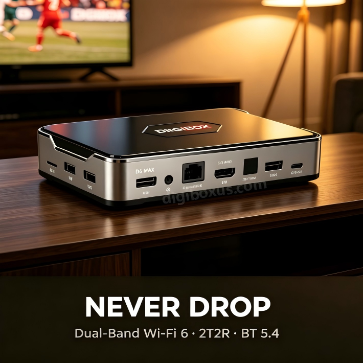 DIGIBOX D6 MAX dual-band Wi-Fi 6 streaming box with full connectivity ports. web.