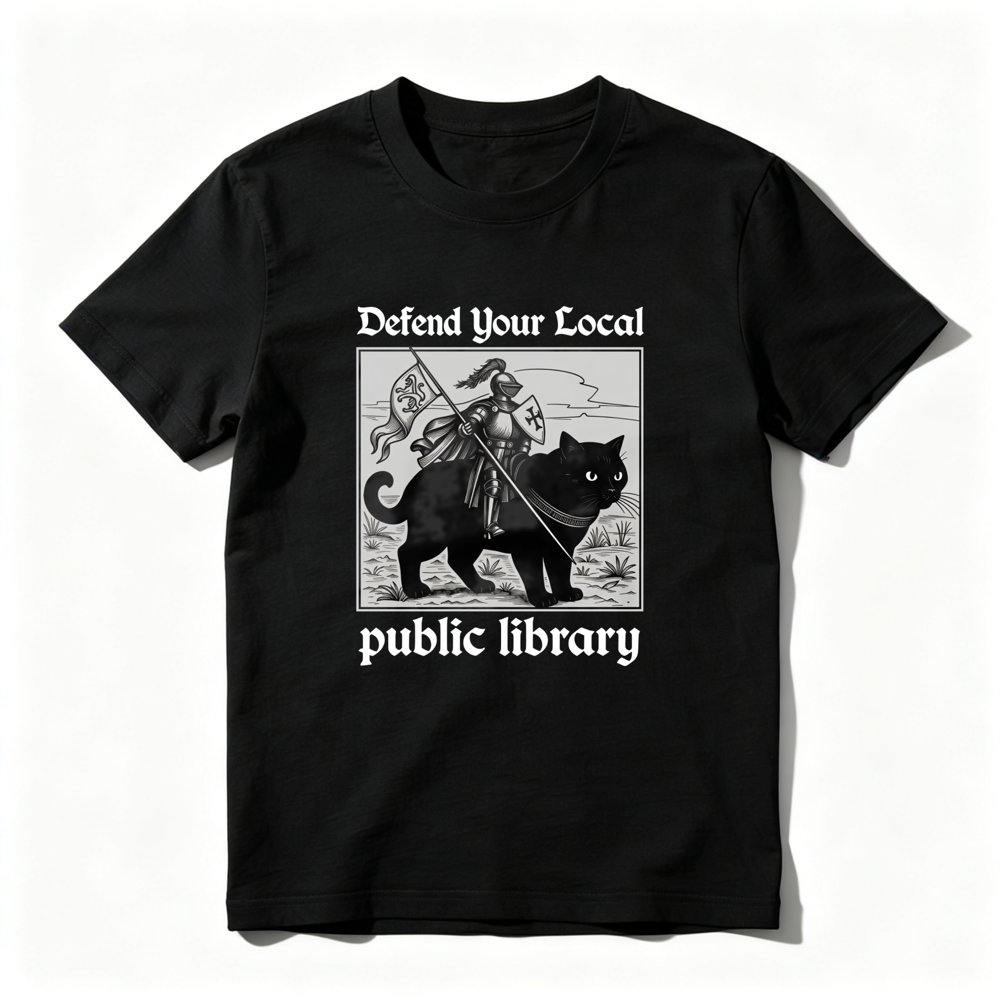 Wardrobecart Defend Your Local Public Library Cat Knight tshirt