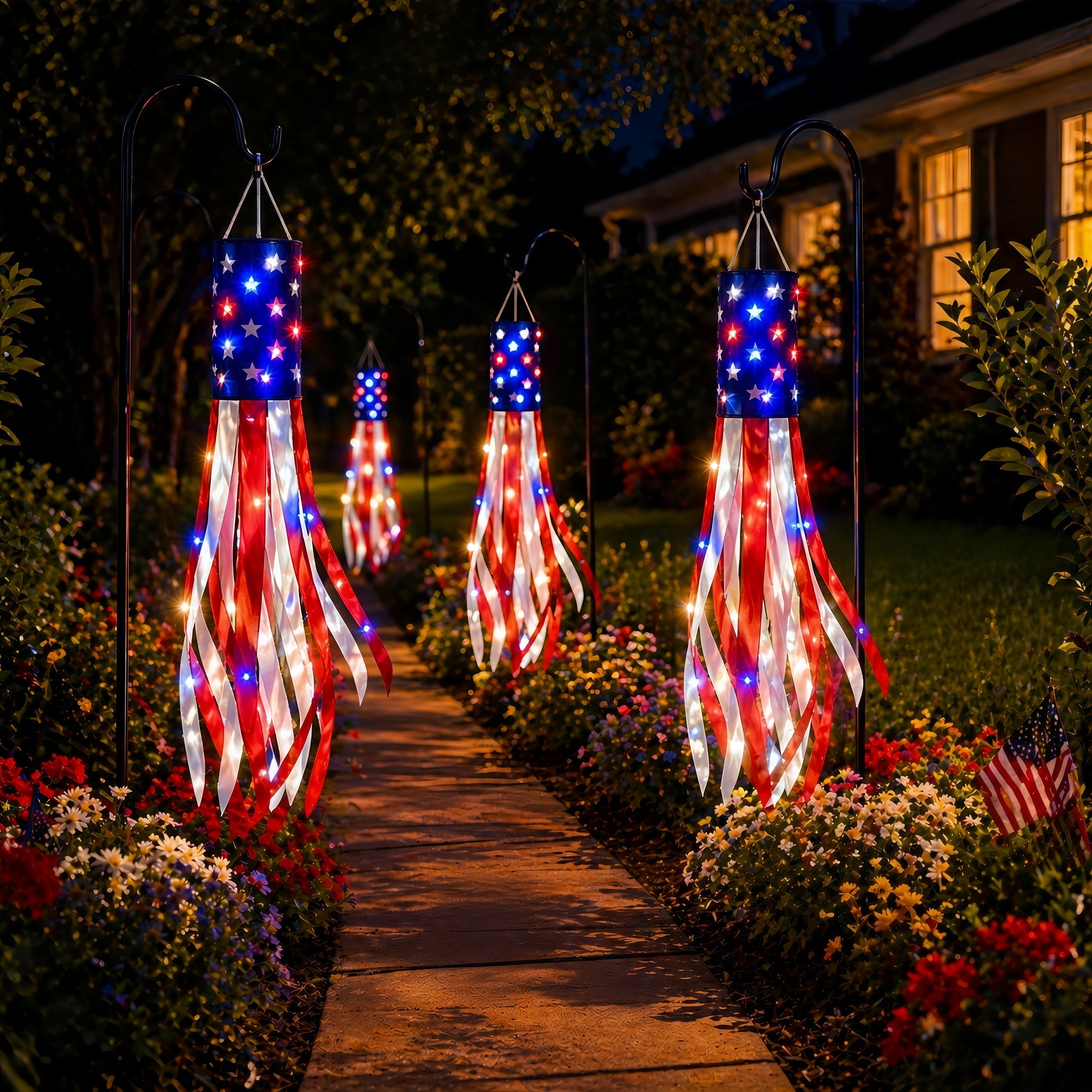 3 Pack 50 Inch Large American Flag Windsocks with Red White Blue Lights