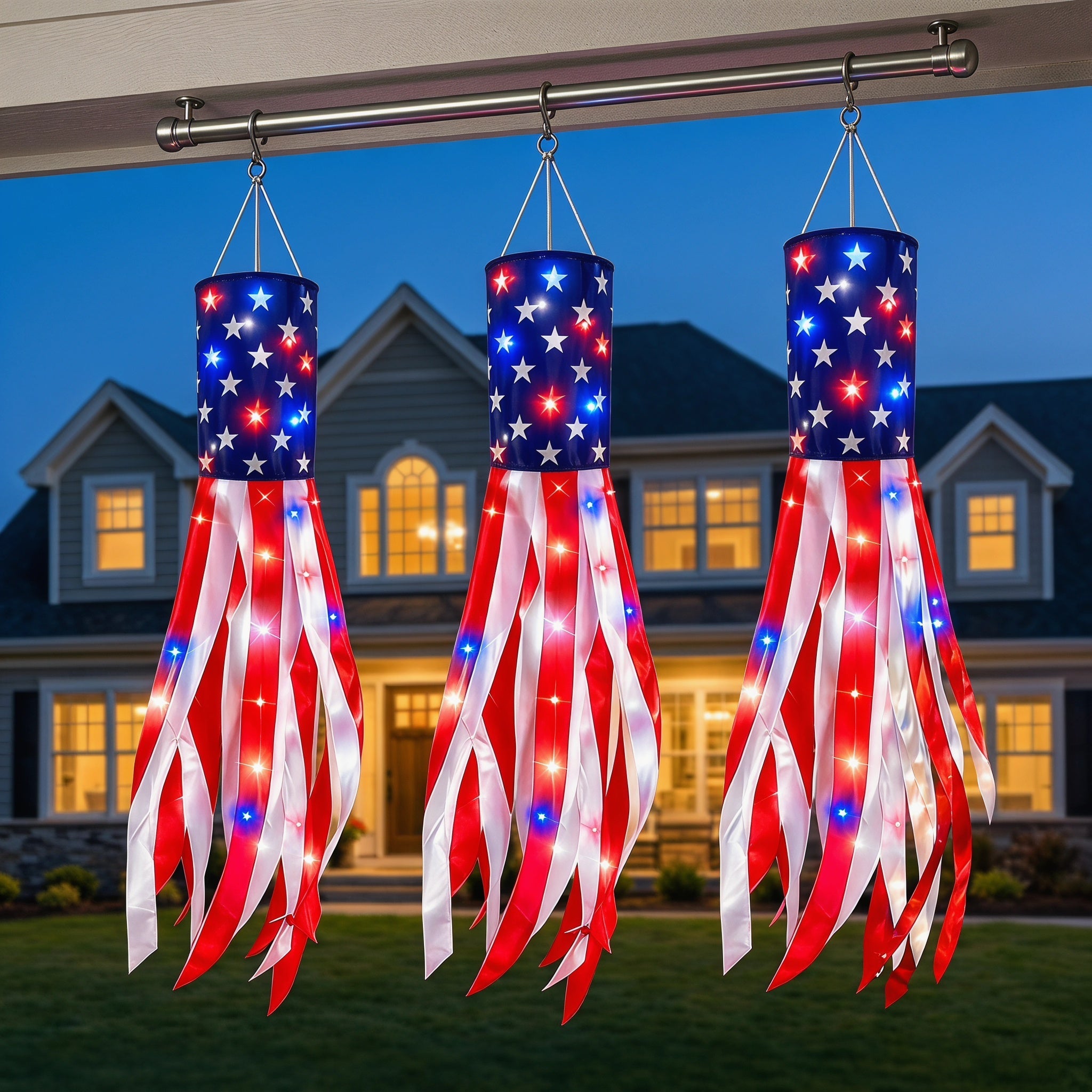 3 Pack 50 Inch Large American Flag Windsocks with Red White Blue Lights