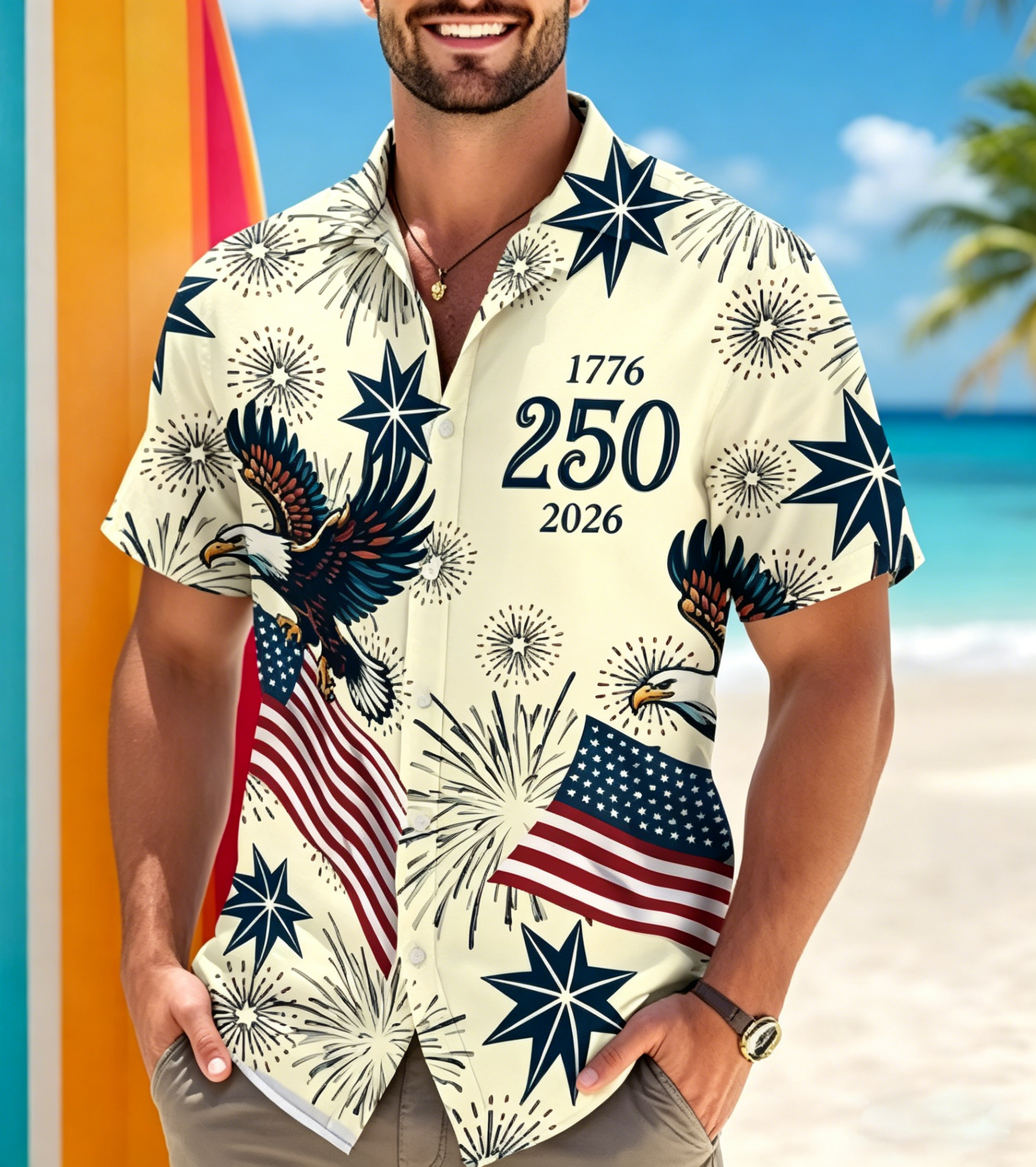 🇺🇸 250th Anniversary Patriotic Hawaiian Shirt 1776–2026 | Vintage American Heritage AOP Summer Shirt