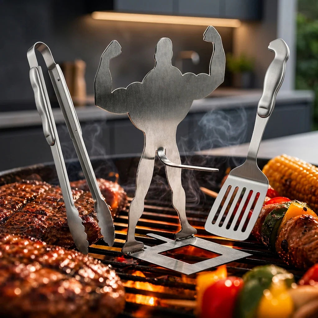 Muscle Grill Guy stainless steel BBQ accessory flexing on a hot grill with steak and vegetables