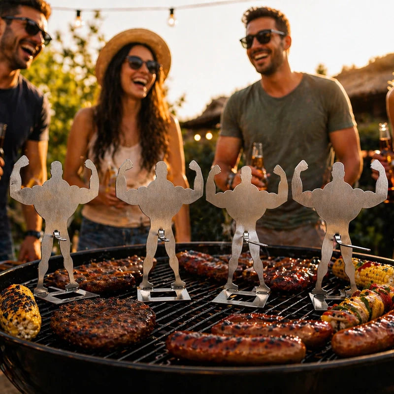 Multiple Muscle Grill Guy BBQ accessories standing on a grill during an outdoor party