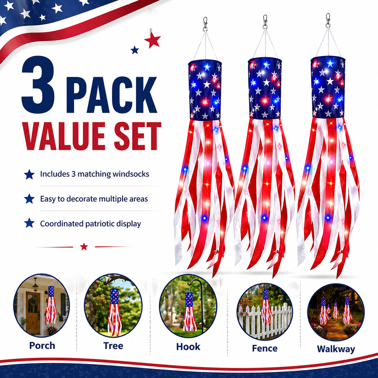 3 Pack 50 Inch Large American Flag Windsocks with Red White Blue Lights