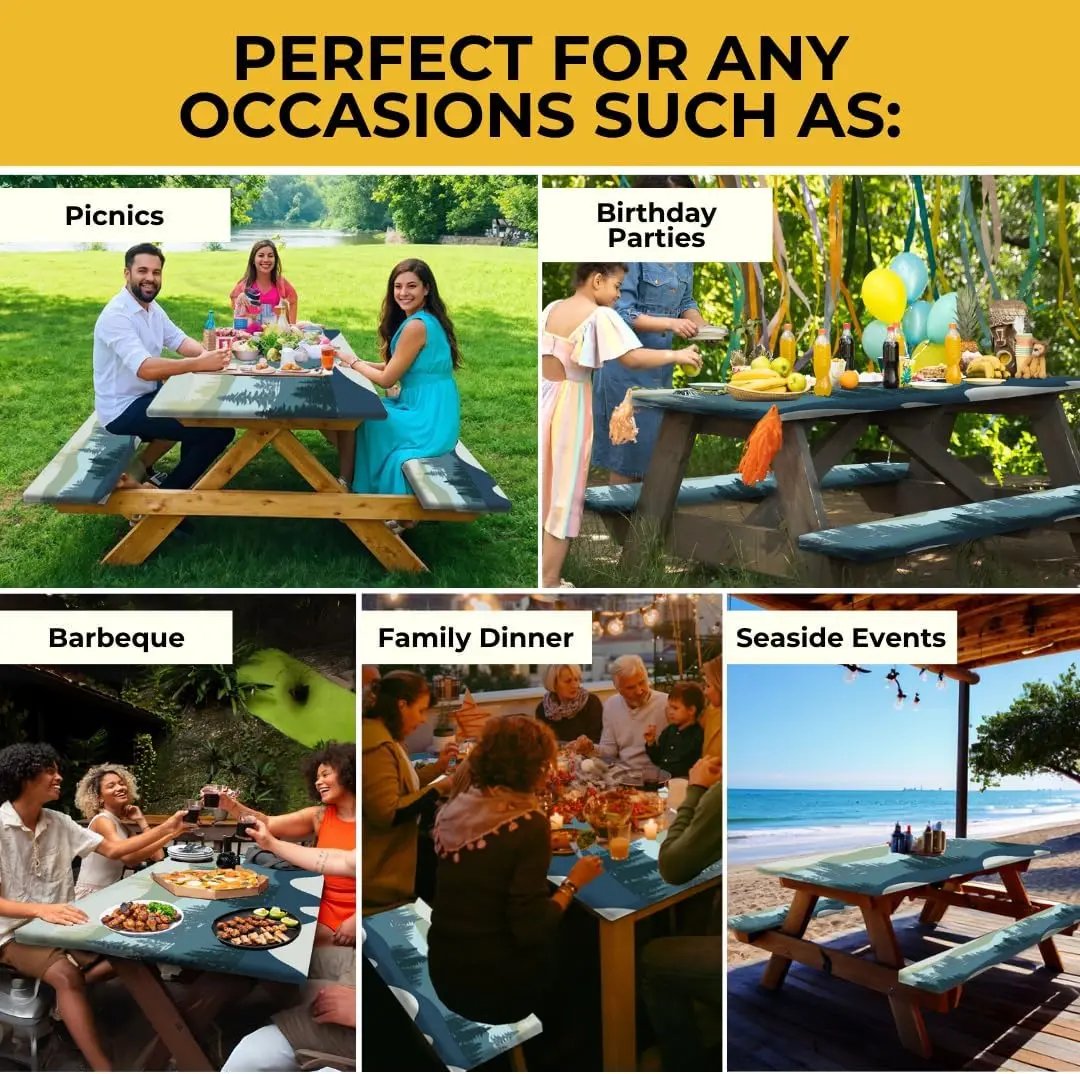 🧺 RNOONY Stretch Picnic Tablecloth Set | Bench Covers + Carry Bag Included 👜