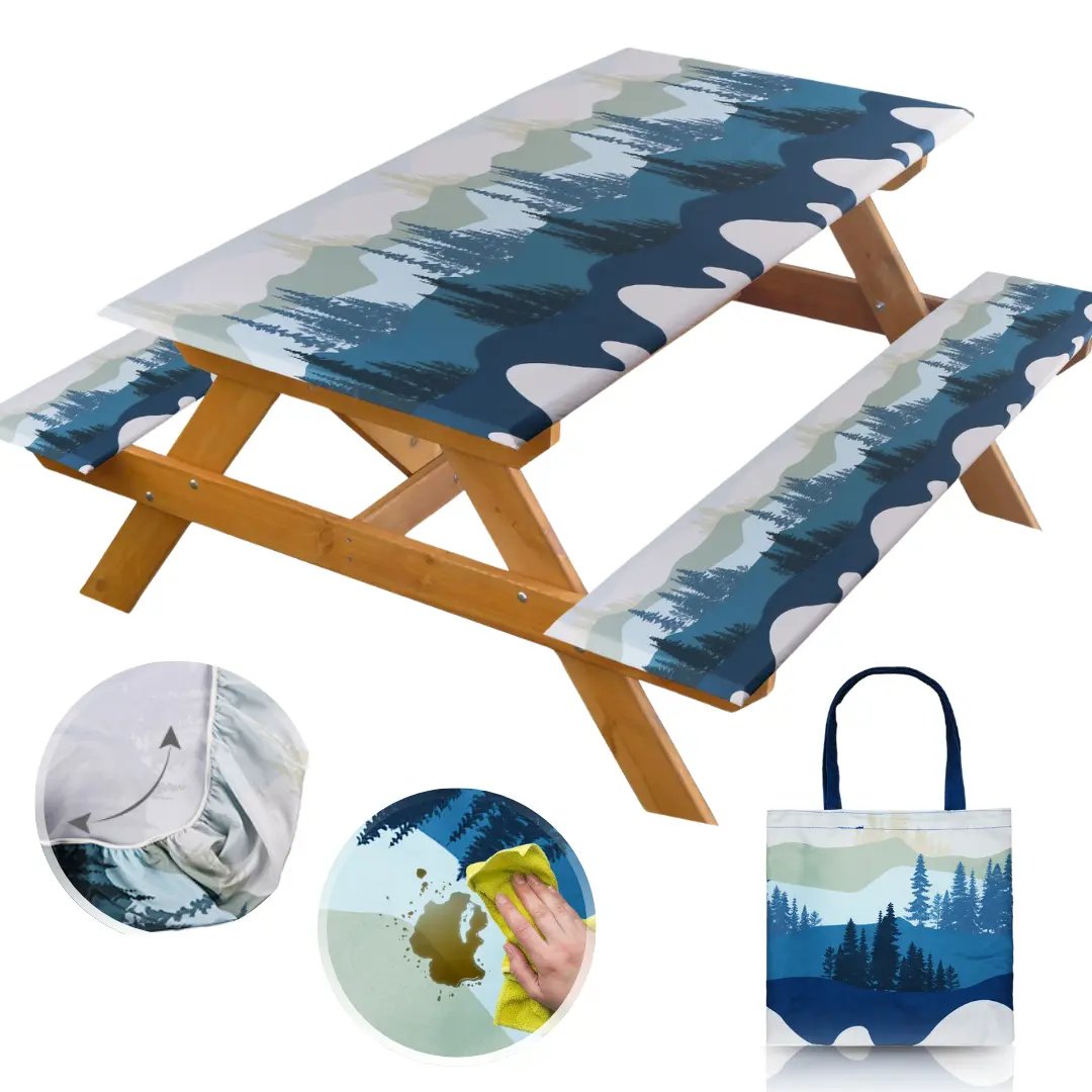 🧺 RNOONY Stretch Picnic Tablecloth Set | Bench Covers + Carry Bag Included 👜