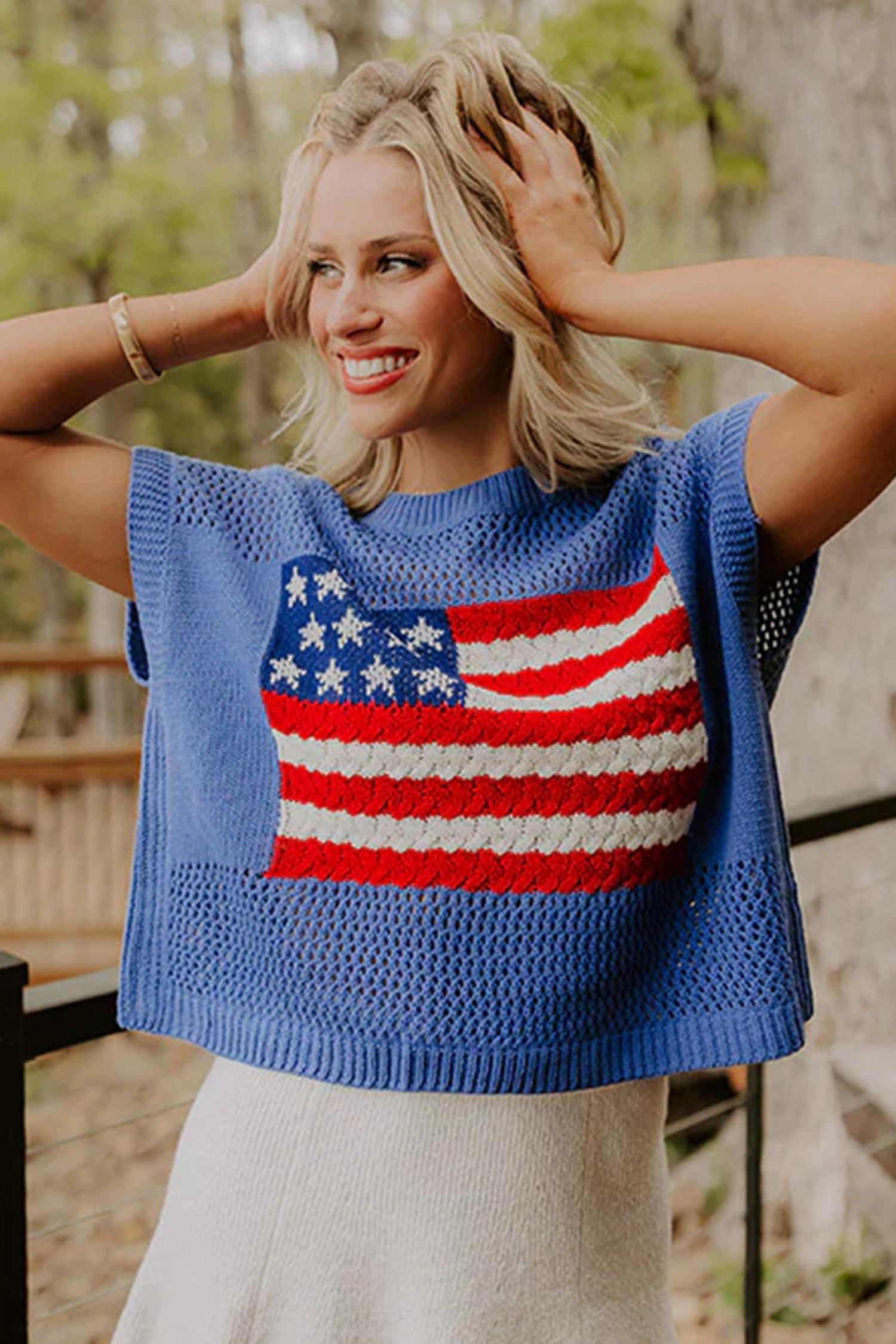 Mntaor Women's American Flag Graphic Relaxed Fit Short Sleeve Knit Sweater Top for Independence Day Festivals & Casual Streetwear Knitwear - Womenswear Mntaor Women's American Flag Graphic Relaxed Fit Short Sleeve Knit Sweater Top for Independence Day Festivals & Casual Streetwear Knitwear - Womenswear