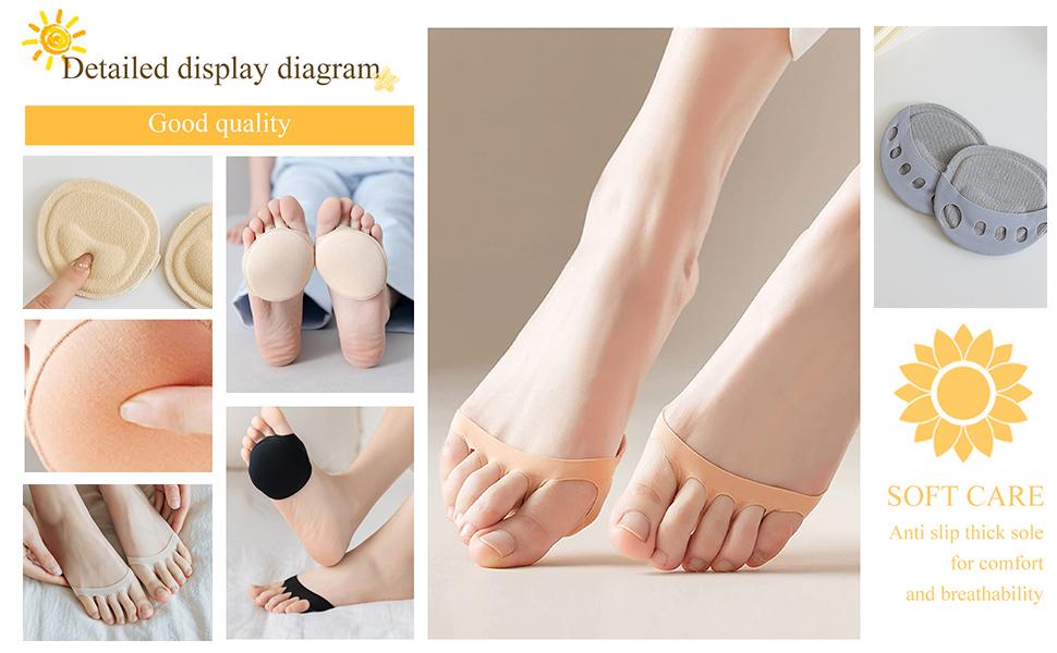 3 Pairs Ball of Foot Cushion Pads Honeycomb Fabric Forefoot Socks Pads Women's Invisible Toeless Half Socks Metatarsal Pads for Women Forefoot Care
