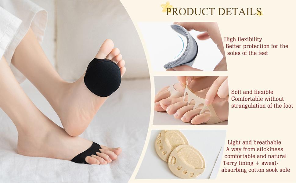 3 Pairs Ball of Foot Cushion Pads Honeycomb Fabric Forefoot Socks Pads Women's Invisible Toeless Half Socks Metatarsal Pads for Women Forefoot Care