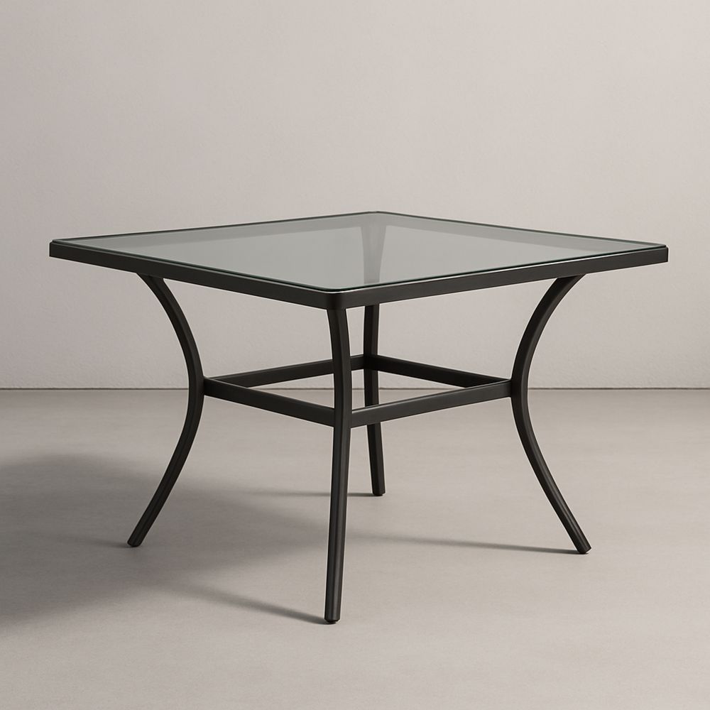 Négyzet alakú asztal edzett üveglappal és fémkerettel 90x90x75 cm