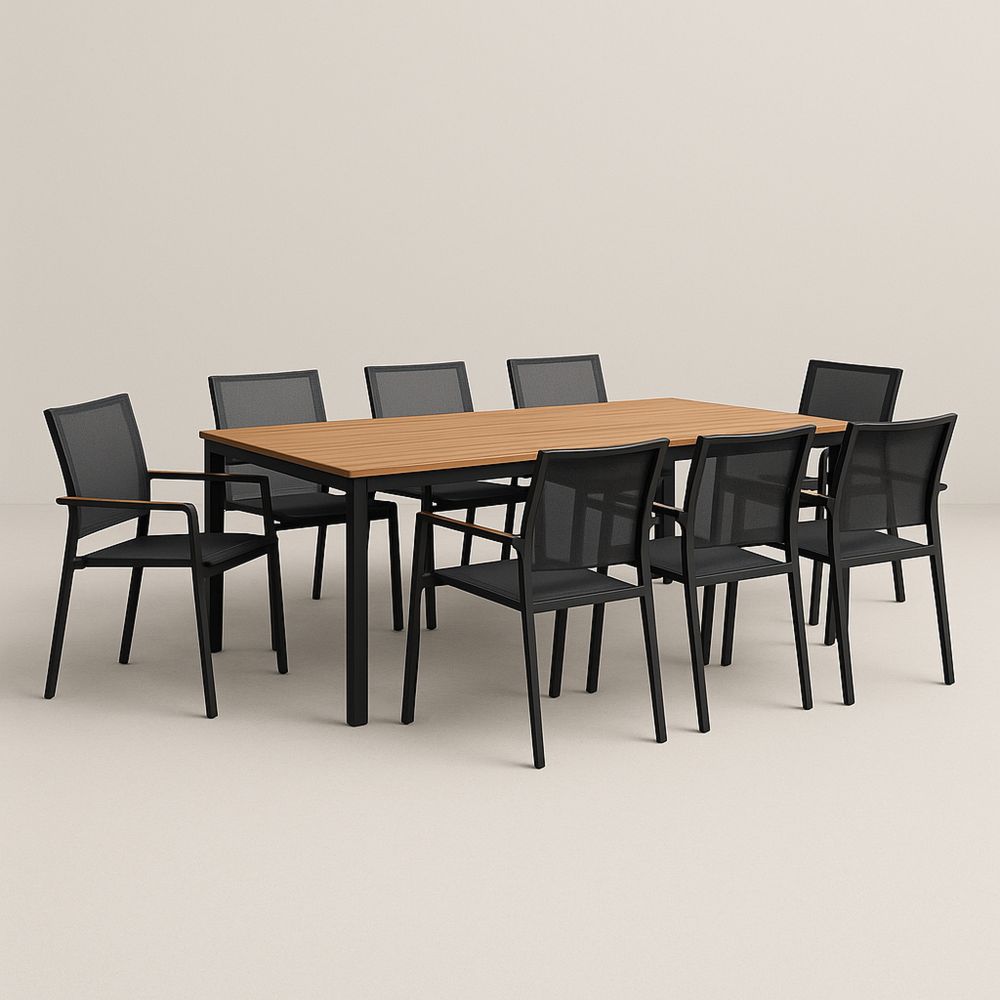 Kerti étkező garnitúra 8 székkel, acél/poliészter, fekete/barna