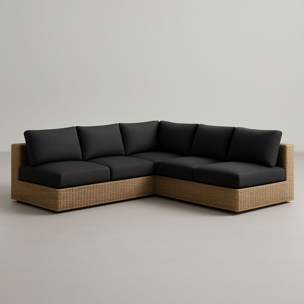 Moduláris sarokkanapé fonott rattan fekete kárpittal 260x260x70 cm