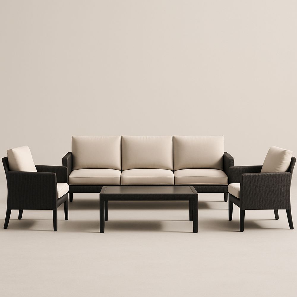 Kültéri kerti bútor szett párnákkal, fonott rattan, krémszínű szövet