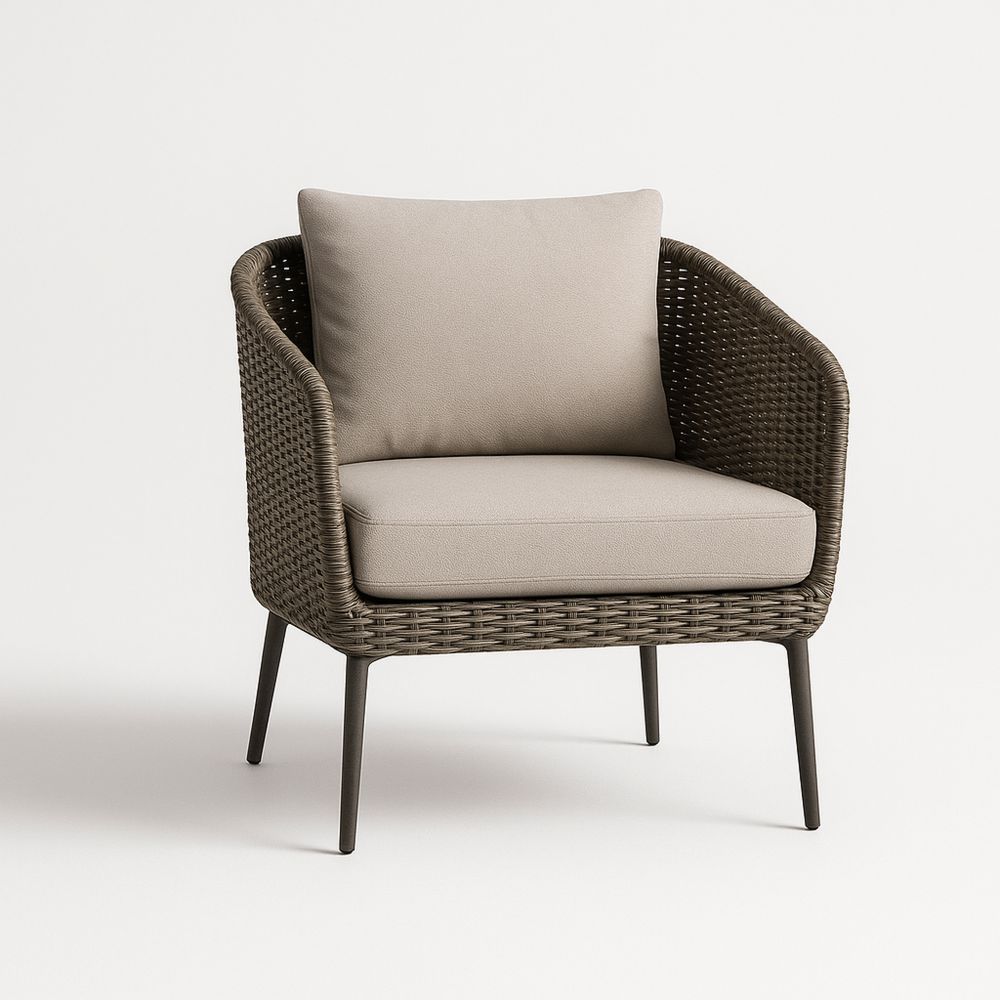 Kültéri műanyag fonott karosszék poliészter párnával, Bézs