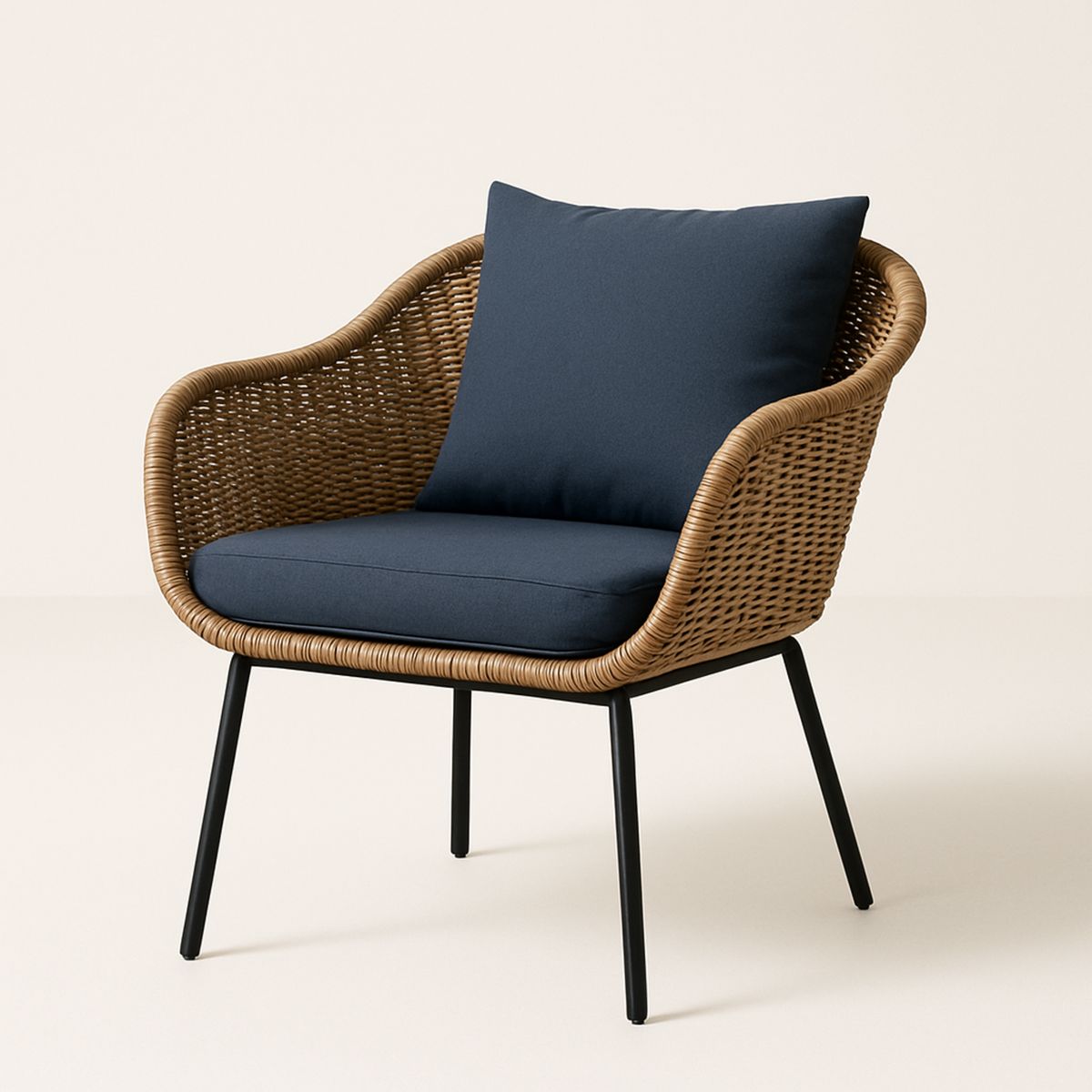 Cadeira de Vime Sintético com Almofadas em Tecido de Poliéster Azul e Estrutura em Aço