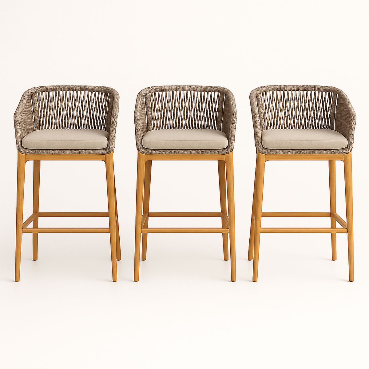 Conjunto de Banquetas Altas de Madeira e Corda com Assento Bege