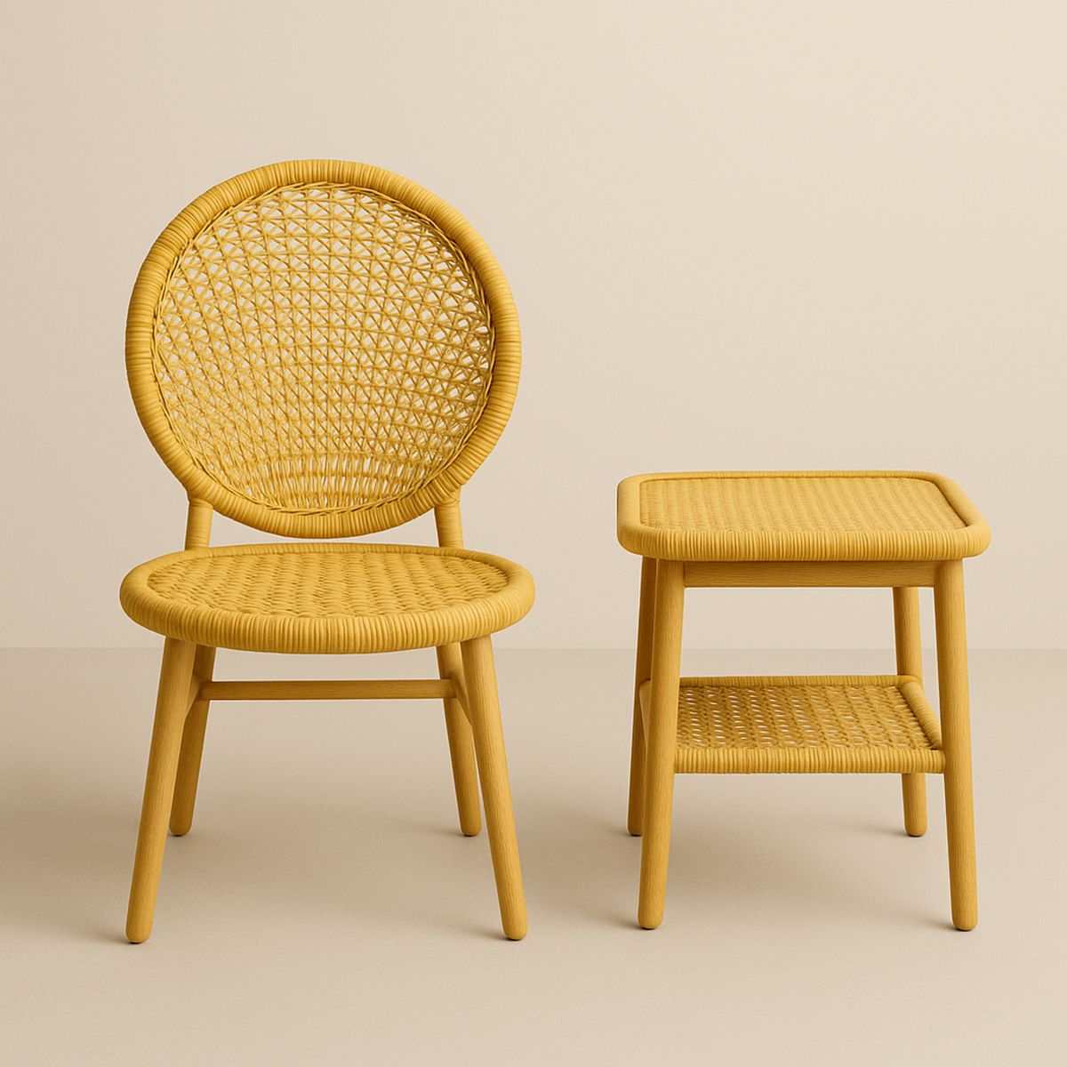 Conjunto de Cadeira e Mesa Lateral de Fibra Sintética Amarela